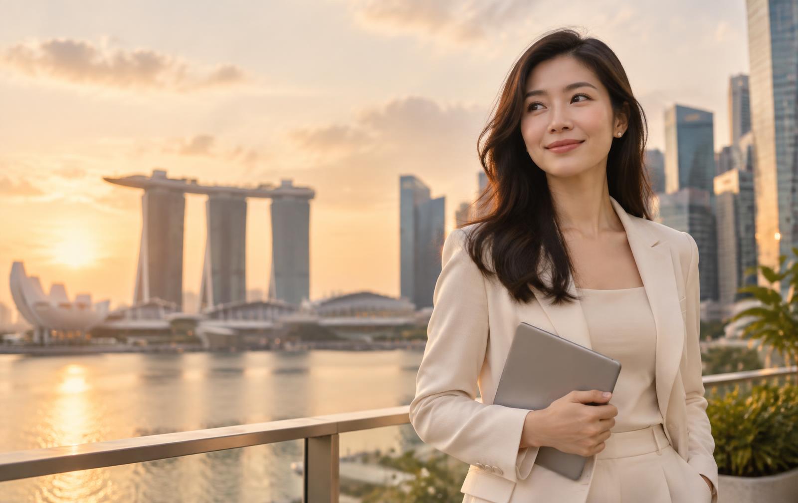 Loura adviser in Singapore with Marina Bay behind her